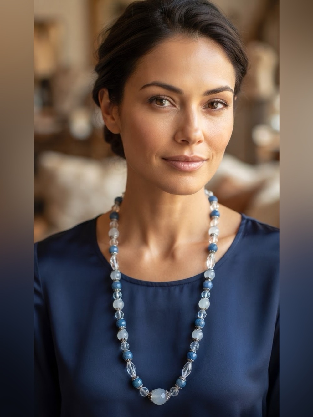 Handmade Blue and Crystal Quartz Beaded Necklace - Picture 2 of 4